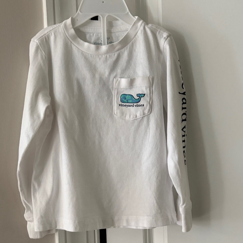 Vineyard Vines Kids Long Sleeve Shirt in White with Blue Whale Logo